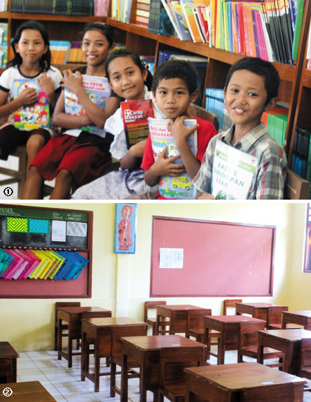 ① 지난달 30일, 그로보간 지역 툼 펭 초등학교 도서관에서 만난 5명 아이들. ② 깨끗하게 개선된 툼펭초등학교 교실 모습.