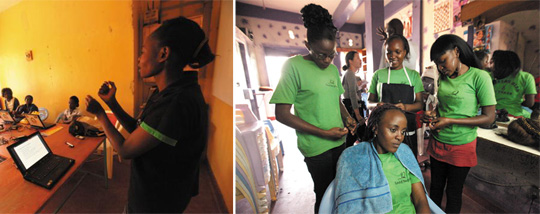 단도라직업훈련학교의 청각장애인을 위한 컴퓨터 교실(왼쪽)과 미용 교실(오른쪽) 현장. /굿네이버스 제공