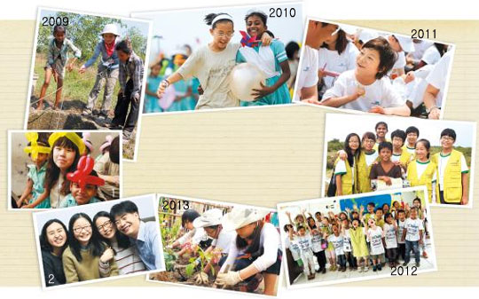 2009년에 시작한 굿네이버스의 ‘지구촌나눔가족 희망편지쓰기대회’가 올해로 6주년을 맞이했다. 지금까지 1만3451개 학교에서 949만6426명이 편지쓰기대회에 참가했다. 1 2010년 방글라데시를 방문한 서유진양.2 2012년 캄보디 아에 다녀온 안정현양 가족.