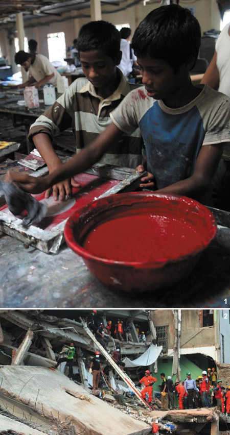 1 방글라데시 다카의 염료공장에서 한 어린이가 아무런 방호장비도 없이 염료를 사용해 작업을 하고 있다. /조선일보 DB 2 지난달 24일 무너져 내린 방글라데시 의류 공장 참사 현장. /보이스(VOICE)제공