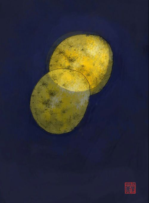 '미긍주혜'가 그린 작품 '두 개의 달'. 시각장애로 사물이 겹쳐보이는 그녀는 보이는 그대로를 작품 속에 담는다. ⓒ더나은미래 