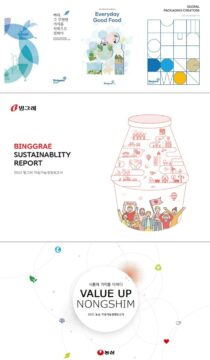(위부터) 동원그룹(동원산업·동원F&B·동원시스템즈), 빙그레, 농심의 지속가능경영 보고서 표지. /동원그룹, 빙그레, 농심 제공
