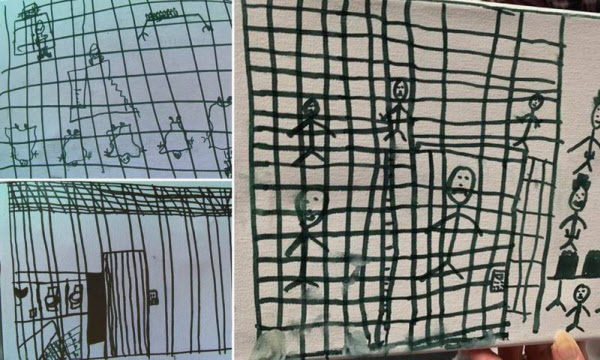 외국인보호소에 수용됐던 아동들이 그린 그림. 쇠창살에 갇힌 5~6명의 사람과 공용으로 쓰는 변기가 그려져있다. /사단법인 두루