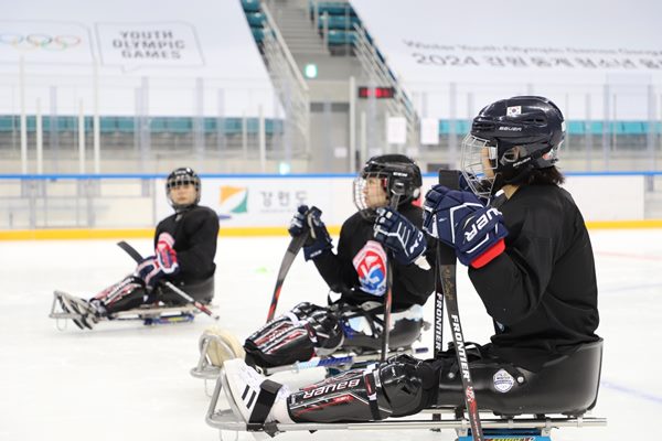 지난달 25일 장애여성스포츠클럽(WLSC) 회원들이 강원 강릉 아이스하키센터에서 파라 아이스하키를 배우고 있다. /WLSC