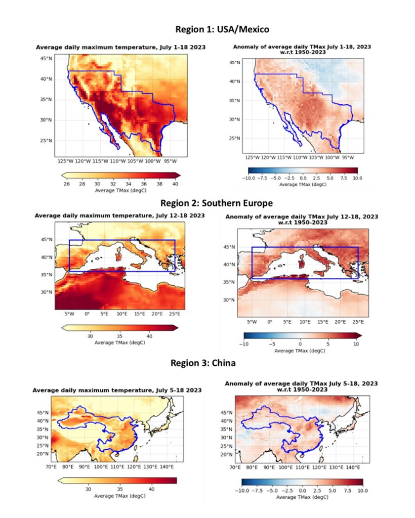 (위에서부터)미국·멕시코, 남유럽, 중국의 이달 기온(왼쪽)과 산업화로 지구온난화가 일어나지 않았다는 가정하의 예상 기온. 이달 1일부터 18일까지 미국·멕시코·남유럽·중국의 하루평균 최고기온은 26~40도였는데, 지구온난화가 발생하지 않았다고 가정할 경우 일평균 기온은 최대 10도에 불과했다. /세계기상특성(WWA)