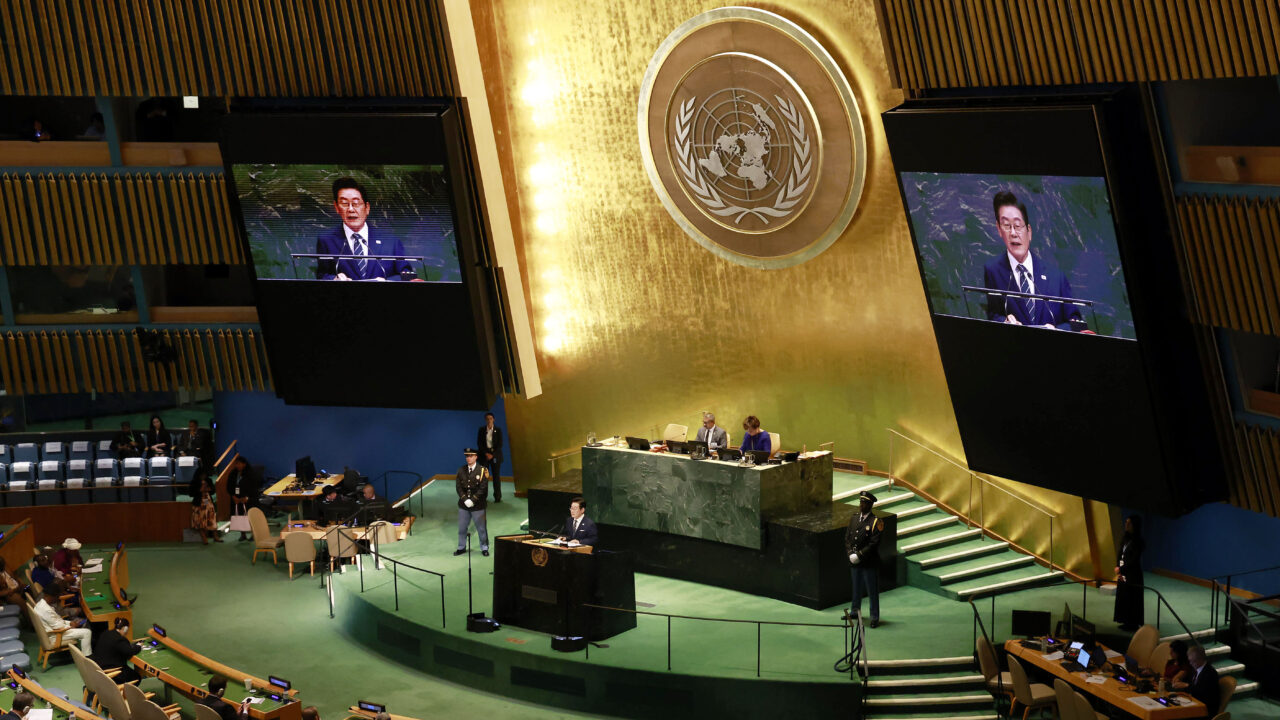이재명 대통령이 24일 뉴욕에서 열린 제80회 유엔총회에서 기조연설을 하고 있다. /연합뉴스