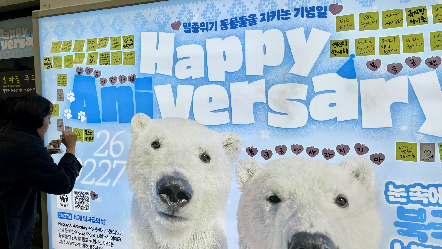 WWF가 팬심을 차용해 멸종위기 동물을 응원하는 ‘해피애니버서리(Happy Aniversary)’ 캠페인을 론칭했다. 한 시민이 해피애니버서리 이대역 옥외광고에 응원 포스트잇을 남기고 있다. /WWF