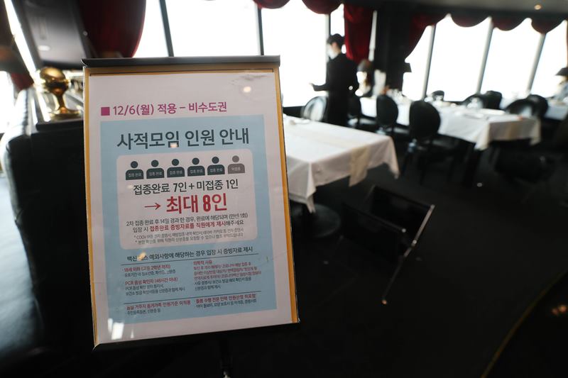 6일 대구 시내의 한 음식점 입구에 방역 조치에 따른 인원 제한 안내문이 붙어있다. /연합뉴스