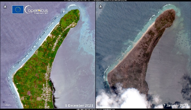 남태평양 통가 본섬 통가타푸의 해저 화산 폭발 전(왼쪽)과 후를 비교한 위성사진. 8일(현지 시각) 기준 초록빛이었던 섬은 화산 폭발 후인 17일 화산재로 뒤덮여 잿빛으로 변했다. /AFP 연합뉴스